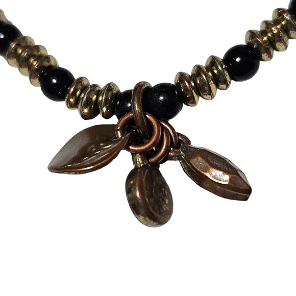 Elegant Gold Tone Black Beaded Leaf Charm Stretch Bracelet Fashion Jewelry - Picture 2 of 4